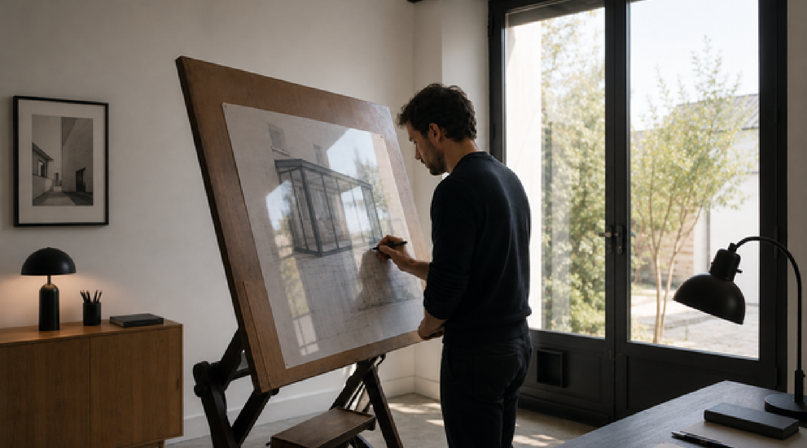 un homme dessine un plan